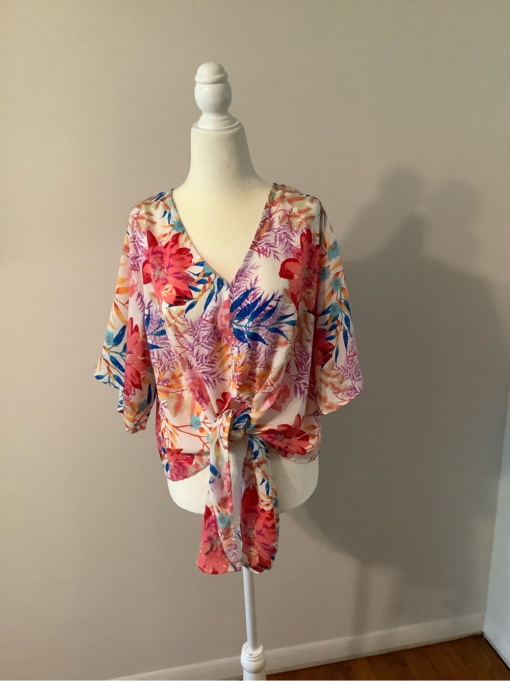 Peach Love California Floral Tie-Front V-Neck Top - Cream, Pink, Blue